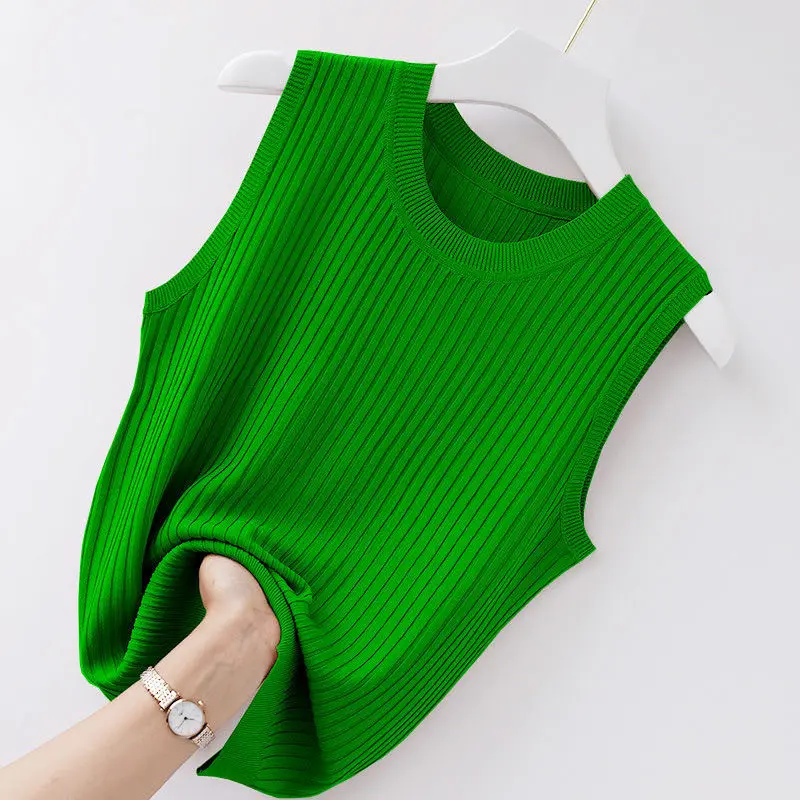 Summer Ice Silk Vest Women's Korean Version Solid Color Knitted Thin Loose Temperament Round Neck Sleeveless Top for Outer Wear