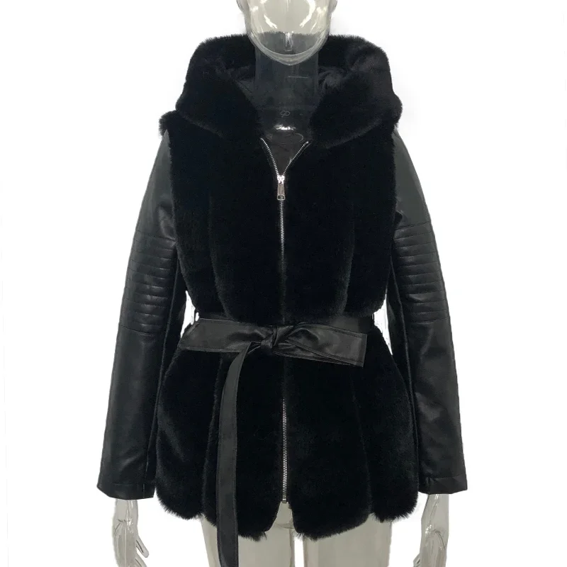 Cappotti in pelliccia di pelle da donna eleganti con cintura invernali Parka Cappotti in pelliccia sintetica di coniglio caldo femminile Giacche con cappuccio sottili moda donna