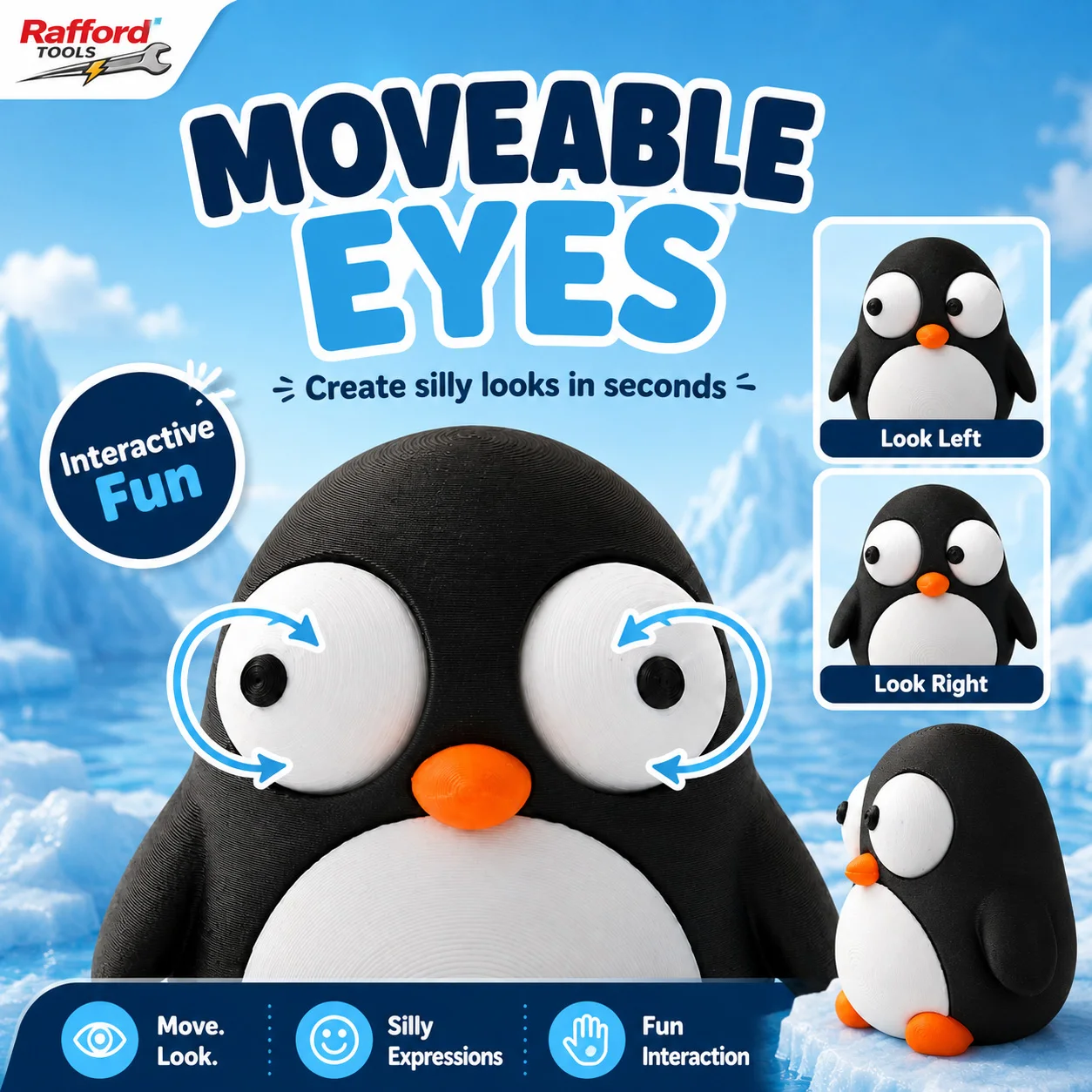 Rafford Penguin Figurine (with Movable Eyes) — Cute and Fun desktop Toy, Adorable Animal Statue, Home Decor Gift.