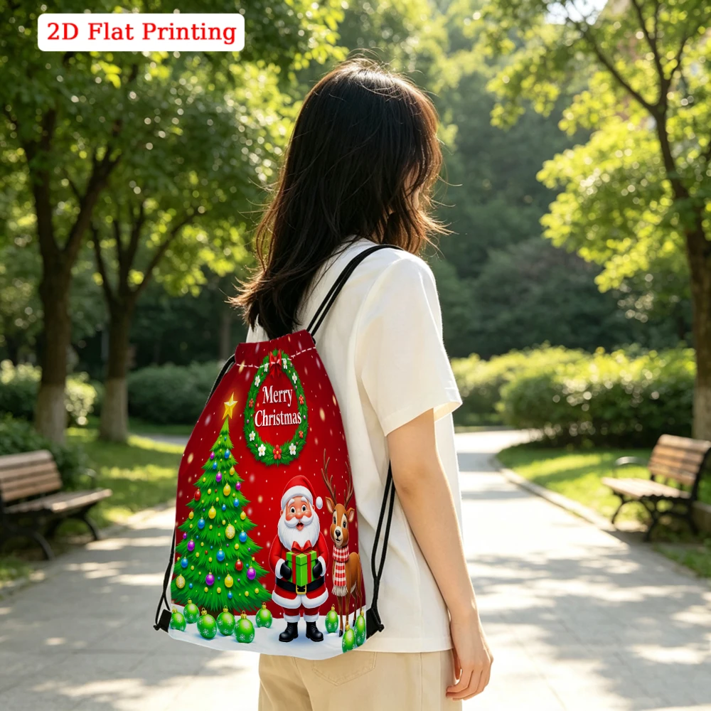 Christmas Theme, Drawstring Backpack, 2D Flat Printing Santa Claus Pattern, Fitness Sports Bag, Outdoor Travel Drawstring Bag