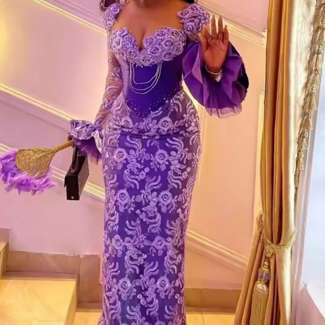 

Long Sleeves Plus Size Mermaid Prom Party Gowns Light Purple Lace Formal Bride Mother Evening Dresses Customized