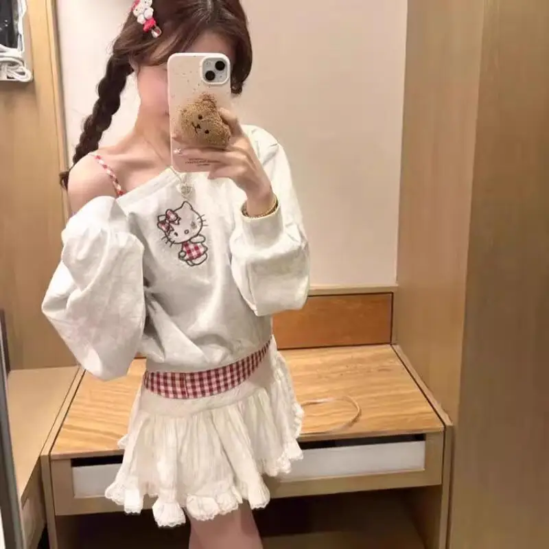 2025年春・秋新作 可愛い斜め肩パーカー ハローキティ レディース シンプル オフショルダー ファッション ショート丈トップス