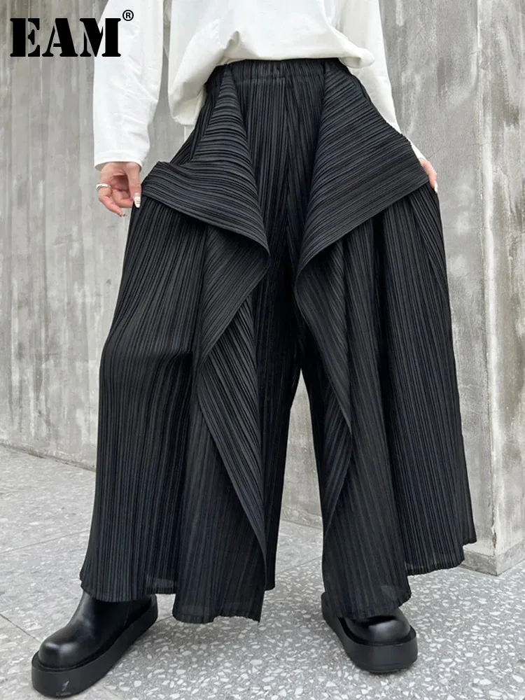 EAM Black Pleated Irregular High Elastic Waist Wide Leg Pants New Loose Trousers Women Fashion Tide Spring Autumn 2025 30A2833