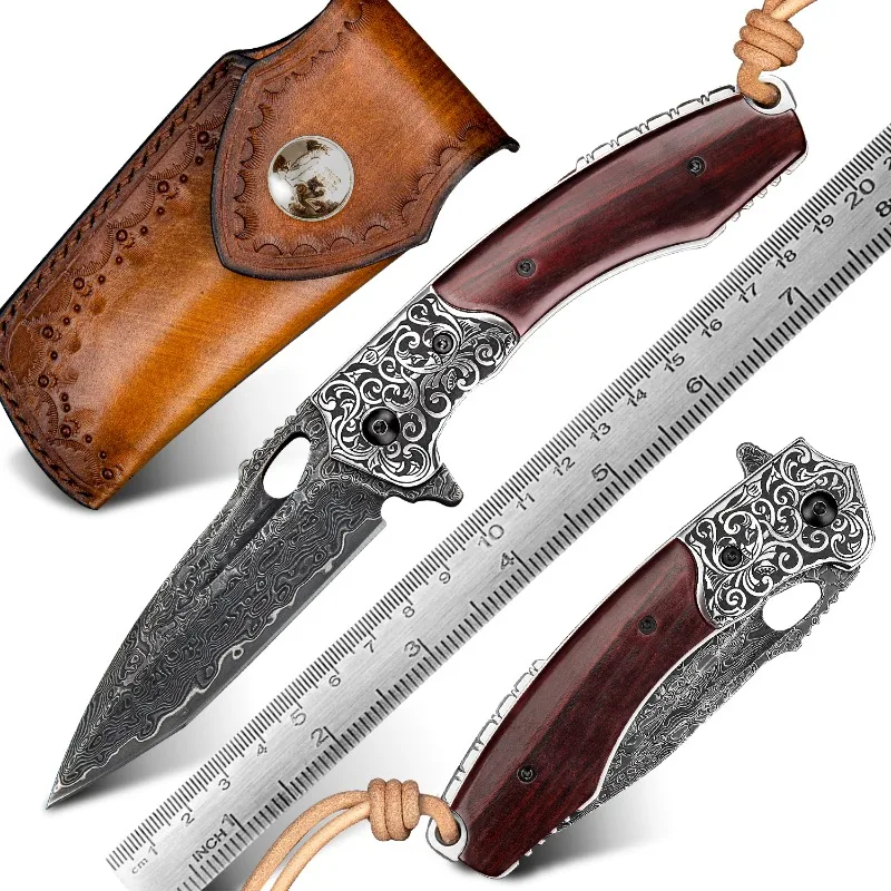 Pocket Folding Knife Damascus Steel Outdoor Survival Camping Hunting Tactical Folding Pocket Knife with Leather Sheath