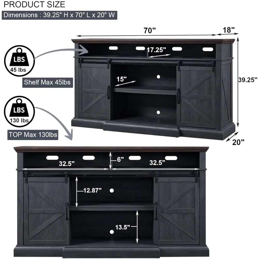 TV Stand for 80 in TV, Entertainment Center W/Storage Cabinets & Slid Barn Door, Soundbar & Adjustable Shelve, 70inch TV Stand