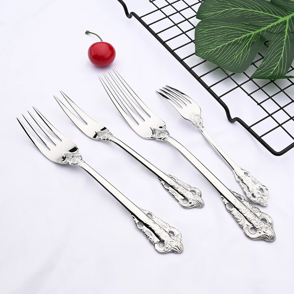 6Pcs Luxury Silver Dinner Set Vintage Western Stainless Steel Cutlery Sets Wedding Engraving Tableware Knife Fork Spoon Teapoon