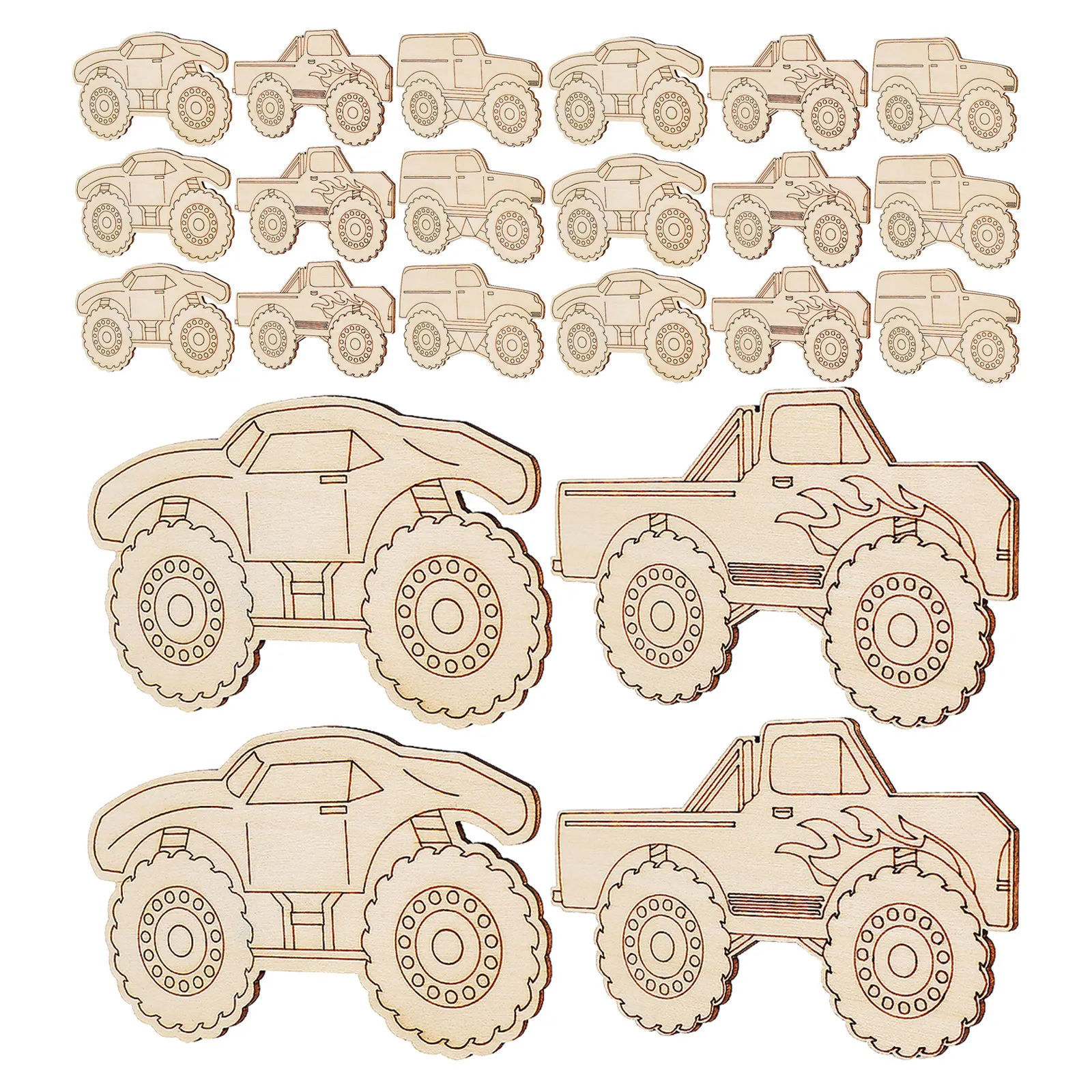 48Pcs Unfinished Wood Monster Truck Cutouts Wooden Car Decorations Painting Craft Supplies for Car Theme Parties Kids Learning