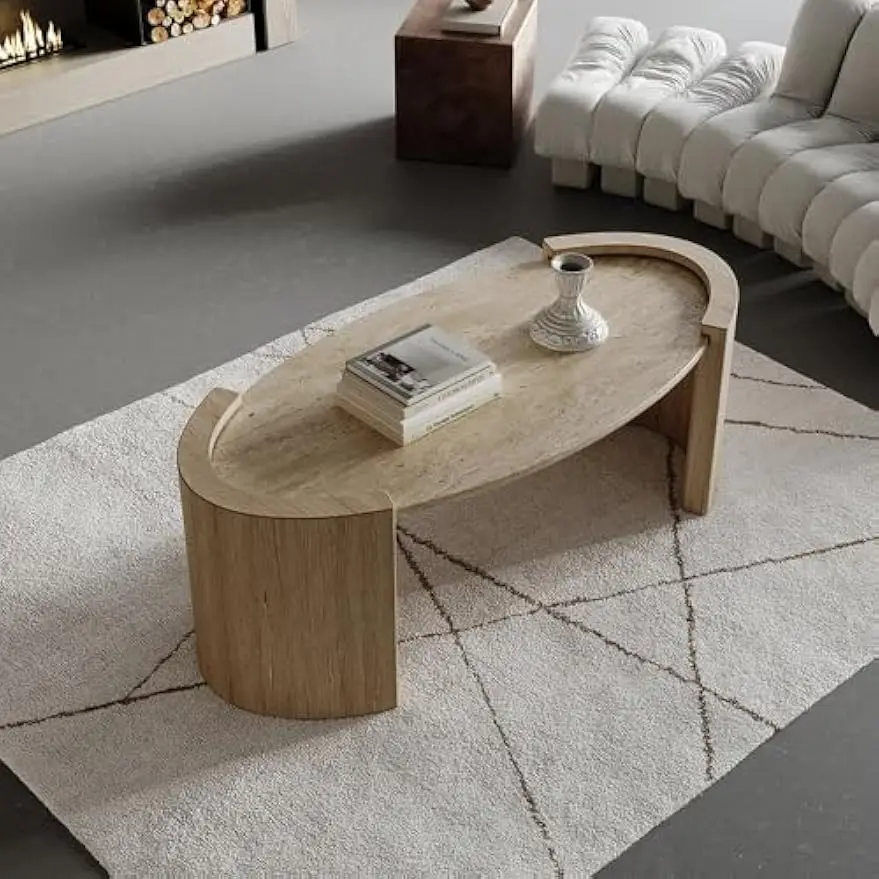 

43" Japandi Oval Travertine Stone Top Coffee Table – Double Pedestal Oval Coffee Table with Natural Beige Stone Surface and Eng