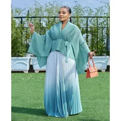 Gradient Pleated Fashion Skirt Two Piece Women's Belted Bat Sleeve Top A-Line Long Dress Elegant Party 2024 New Set