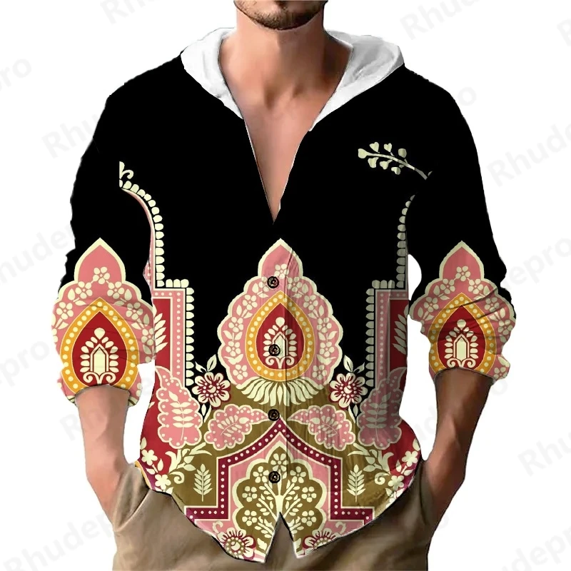 

2025 Men's Solid Color Casual Long Sleeved Shirt With Hood And Drawstring Cardigan National Style Versatile Top Black Shirt