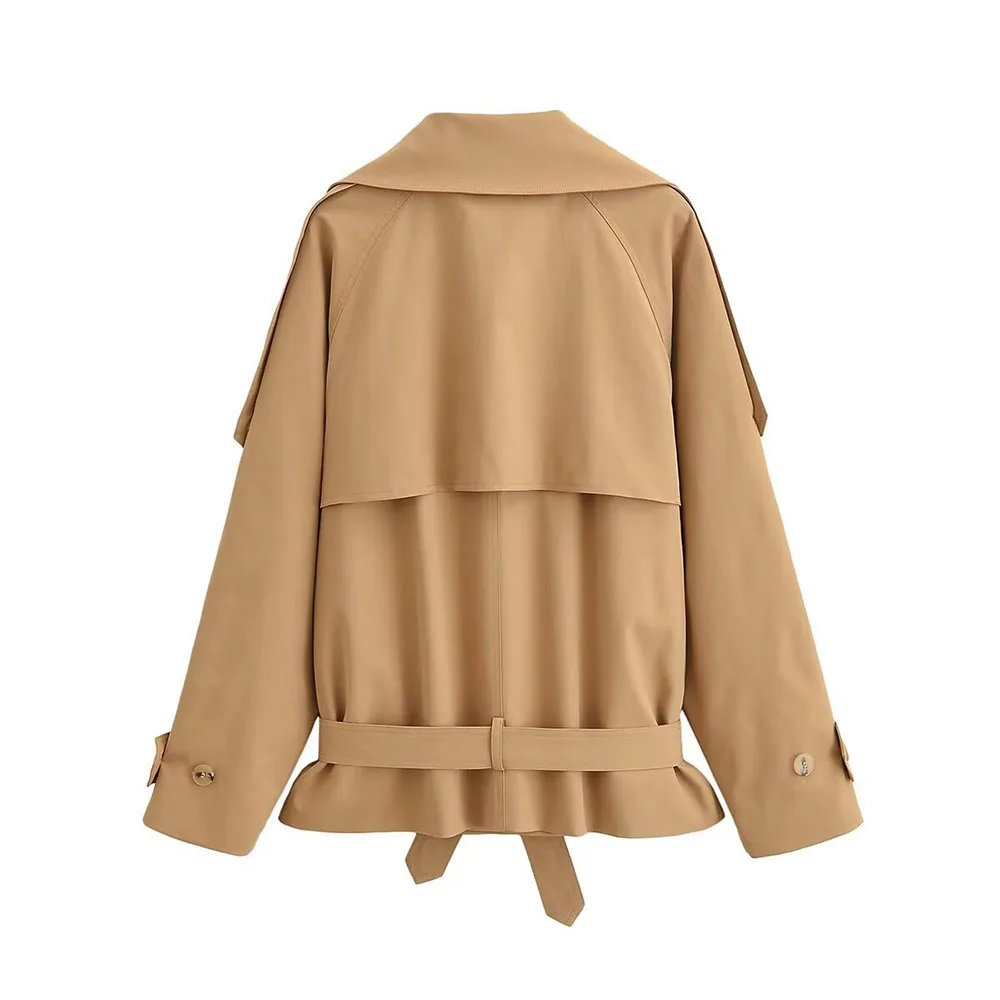 Hot Selling Khaki Lapel Trench Coat For Women Classic Waist Tie Design Double Breasted Short Style Casual Daily Outerwear
