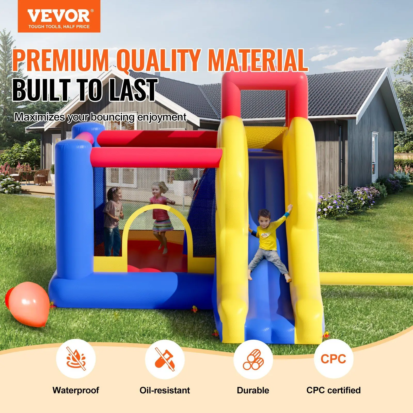 Inflatable Bounce House, Outdoor High Quality Playhouse Trampoline, Jumping Bouncer with Blower, Slide, and Storage Bag