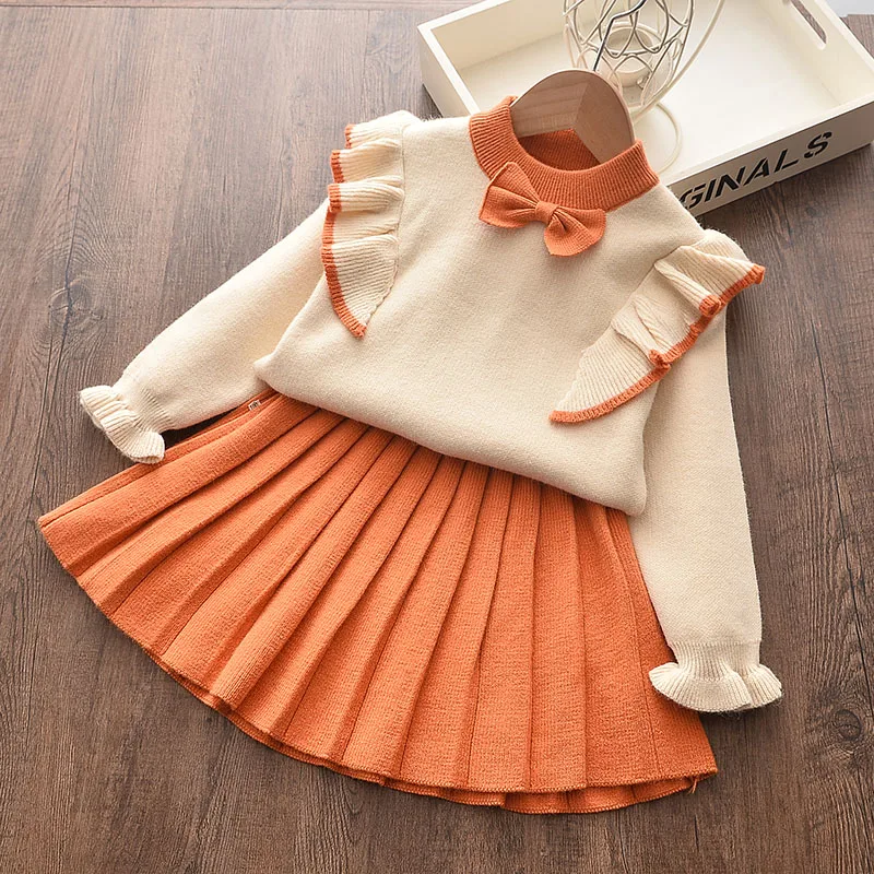 Autumn and Winter Sweater Girls Dress Knitting Long Sleeves Princess Top and Skirt 2pcs Outfits Children's School Daily Wear