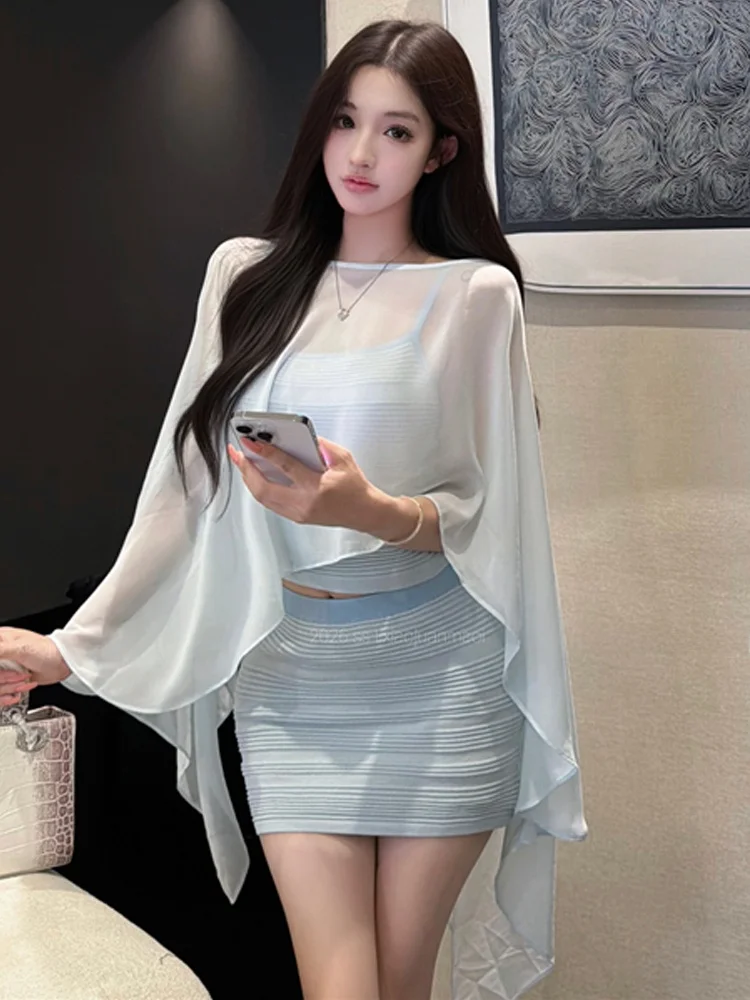 Elegant Pure Desire Gentle Style Mesh Asymmetrical Cover-Up Slimming Strap Vest Half Skirt Three-Piece Set Breathable Casual ...