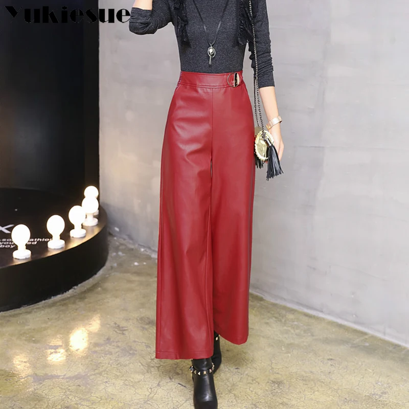 

Wide leg pants capirs women 2022 winter warm PU leather pants female trousers OL office formal casual pants woman clothes