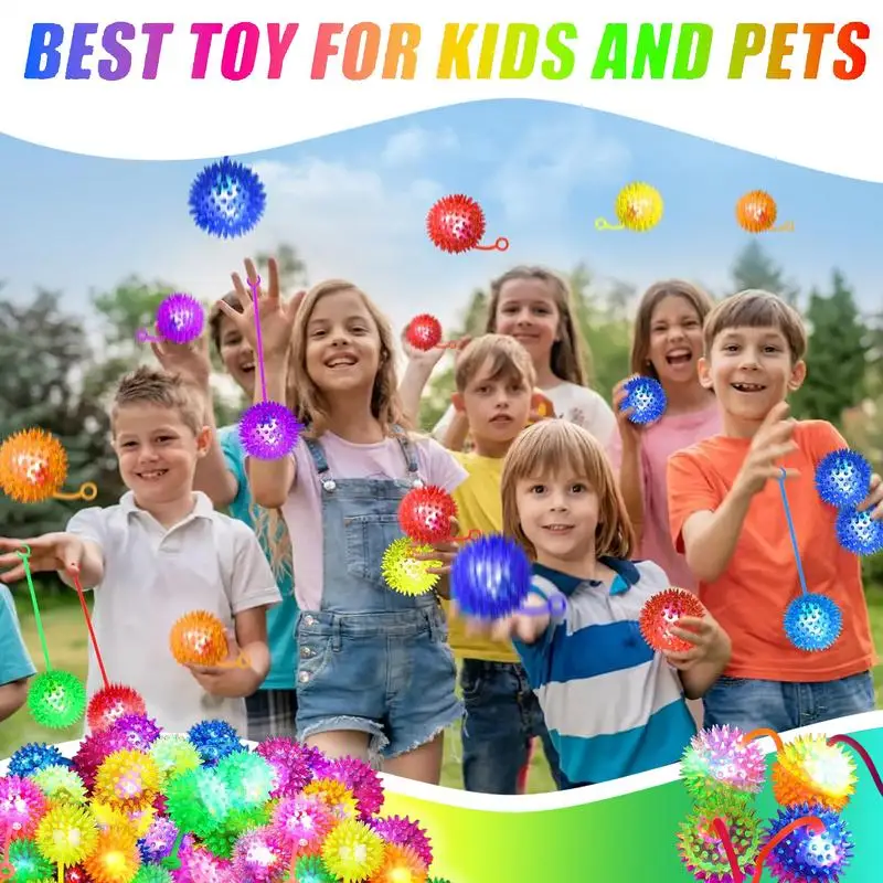 Bola iluminada, bola chirriante intermitente, pelota hinchable con luz LED, alivio del estrés, pelota puntiaguda Multicolor, juguete sensorial con cuerda para niños