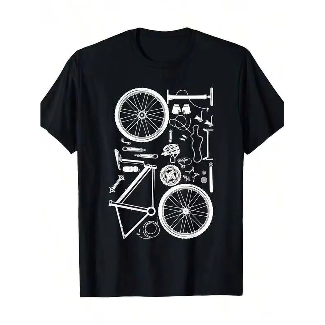 Camiseta de Ciclismo de Algodón Negra para Hombre con Gráfico de Piezas de Bicicleta Blancas - Camiseta Casual de Manga Corta para Ciclismo de Montaña y Aventuras al Aire Libre, 220g