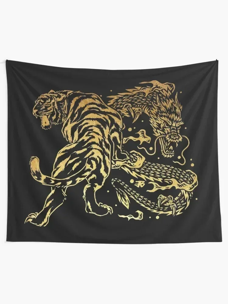 Tiger and Dragon Yin Yang Tattoo Style Gold Print Tapestry Room Design Wall Hanging Decor Tapestry