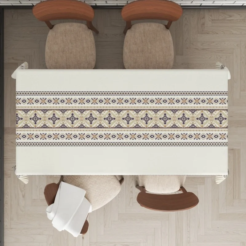 VIKAMA Ethnic-Style Tablecloth Off-White Base with Geometric Patterns Bohemian Restaurant Decor Unique Artistic Ambiance