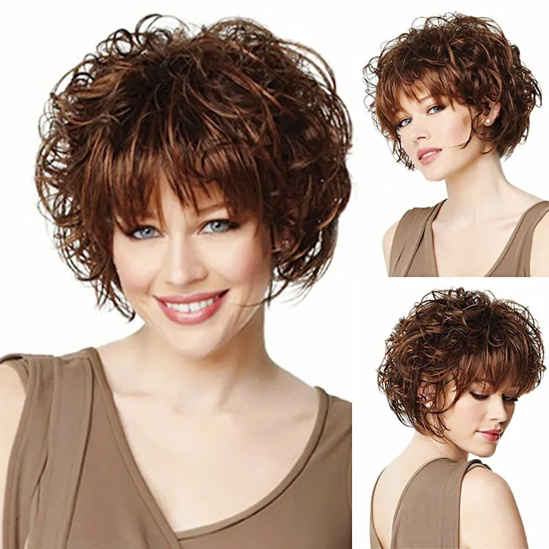 

wig European and American Fashion Fluffy Short Curly Hair Dark Brown Synthetic Wig for Women