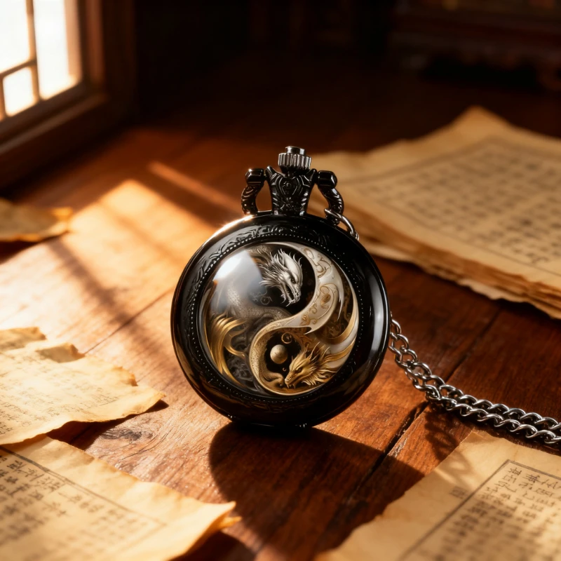 Vintage Cool Yin-Yang Dragon Quartz Pocket Watch Exquisite Clock With Necklace Chain Creative Souvenir Best Gifts For Men Women