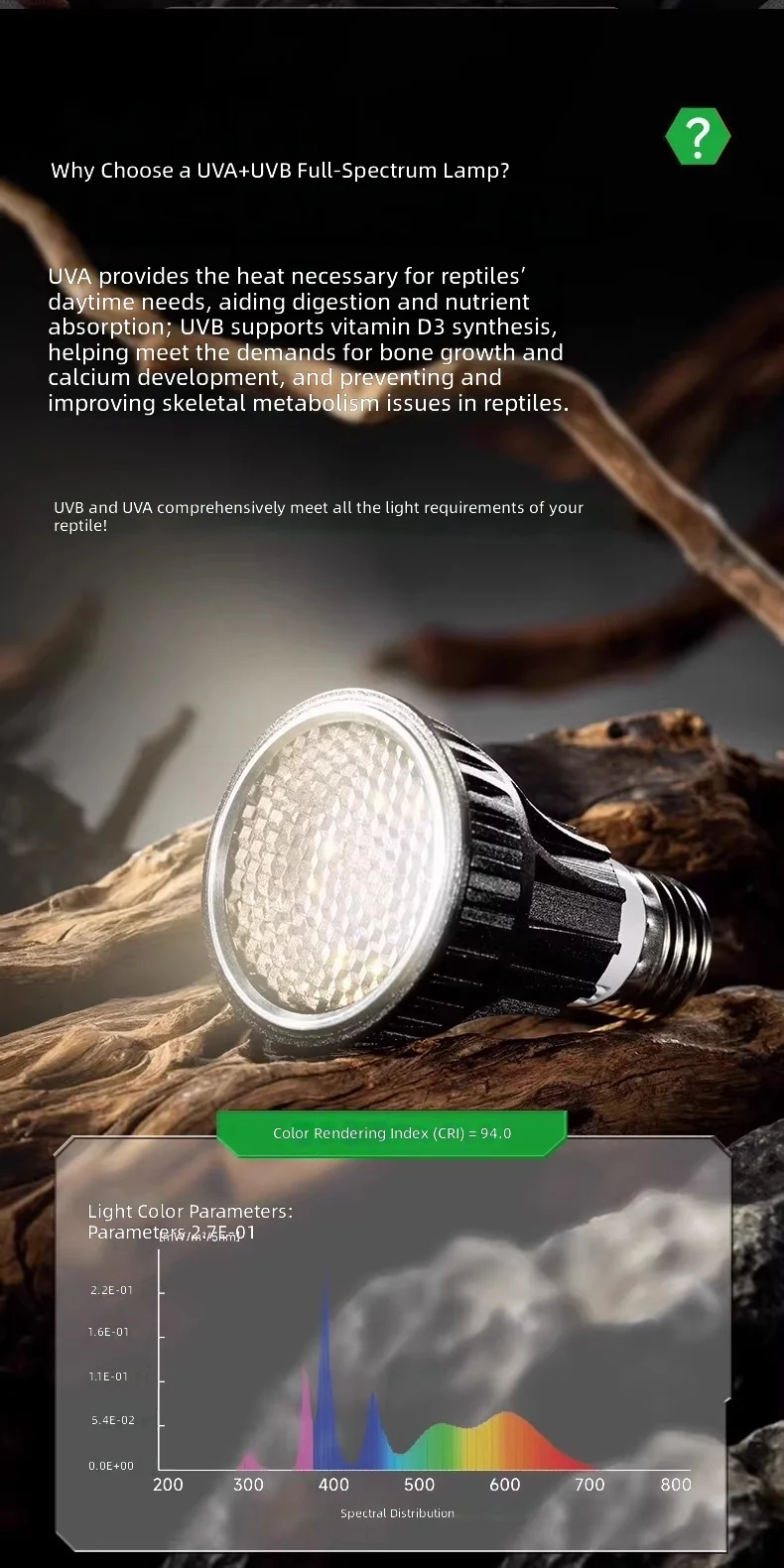 Turtle UVB Lamp, Full Spectrum Sunlight Bulb for Reptiles, UVA Light with Stand, Calcium Supplement Lighting