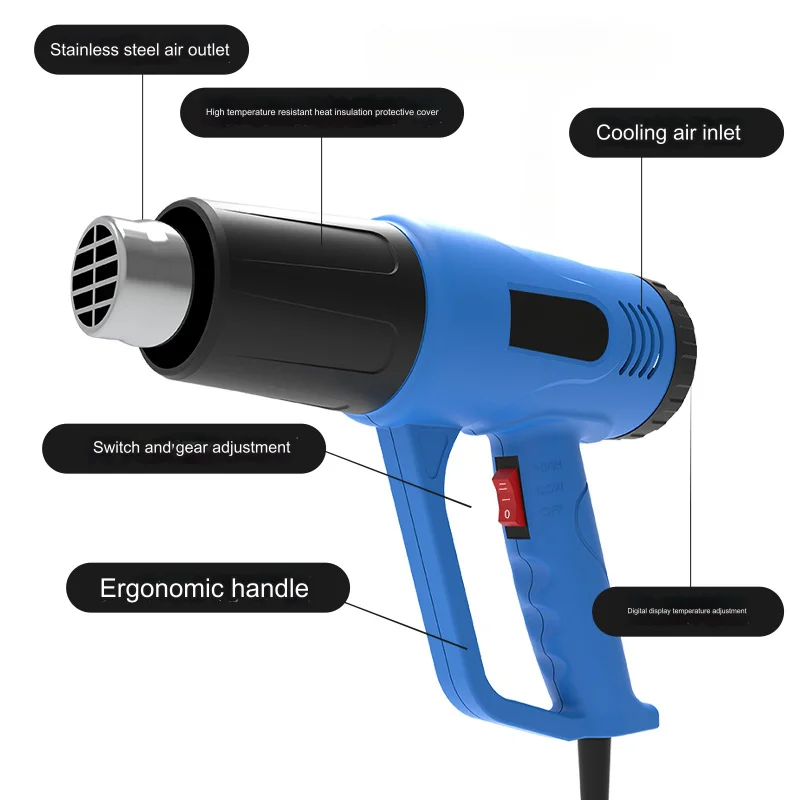 2500W 50-650℃ Hot Air Gun Temperature Adjustment for Automotive Film Sticking Tool Baking Gun Digital Display Heat Gun AU/EU/US