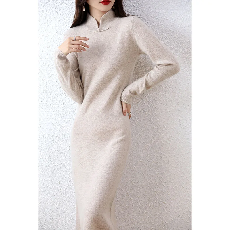 Cashmere Womens Sweater Knitted Dresses 100% Merino Wool Autumn Winter New Warm Elegant Long Dress Female Vintage Skirt Clothing