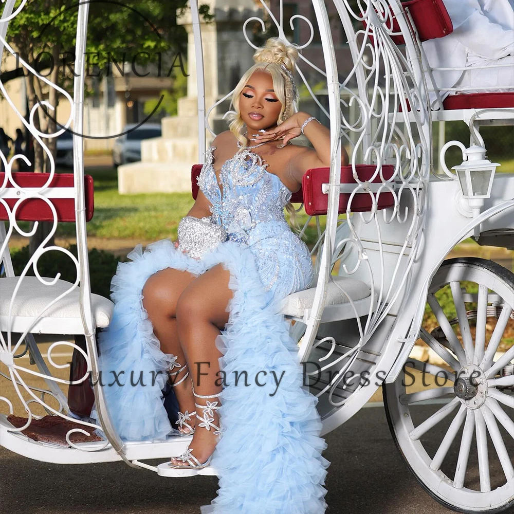 Robes de bal en cristal scintillant 2025 Tulle plis fente latérale sirène robe de soirée sans bretelles robe de soirée personnalisée dubaï