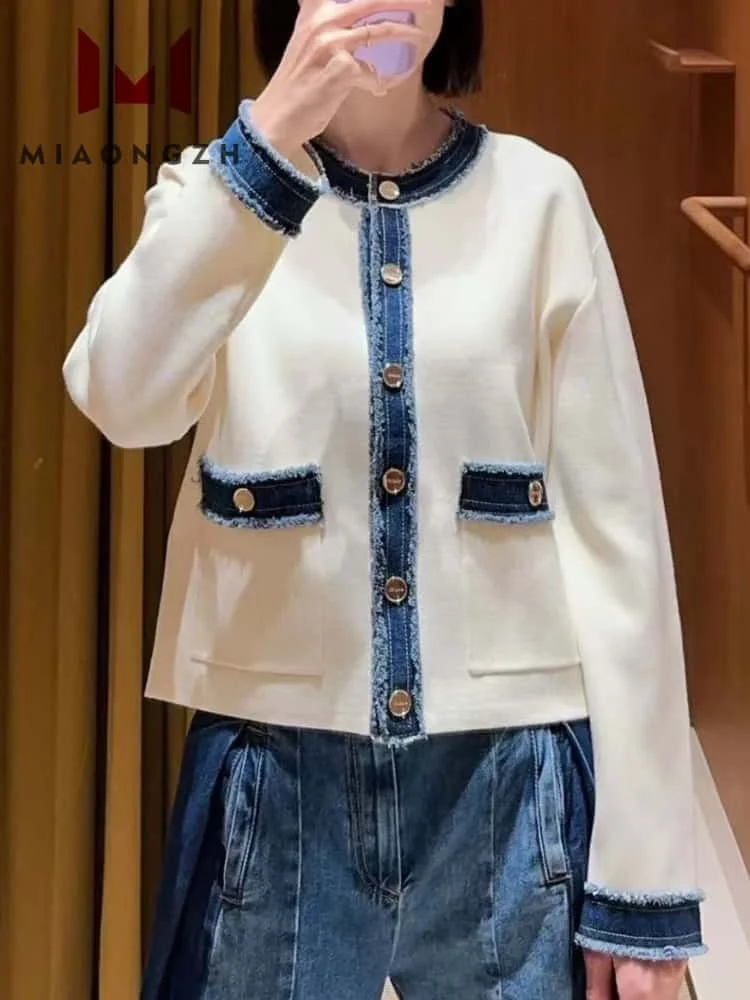

2025 Spring New Women Cardigan Knit Top O Neck Long Sleeve Denim Spliced Female Fashion Elegant Single Breasted Coat Streetwear