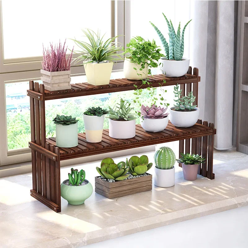 Indoor Gardening Creative Multi-layer Plant Stand Desktop Solid Wood Plant Shelves Mobile Universal Wheel Shelf Decoration Drain