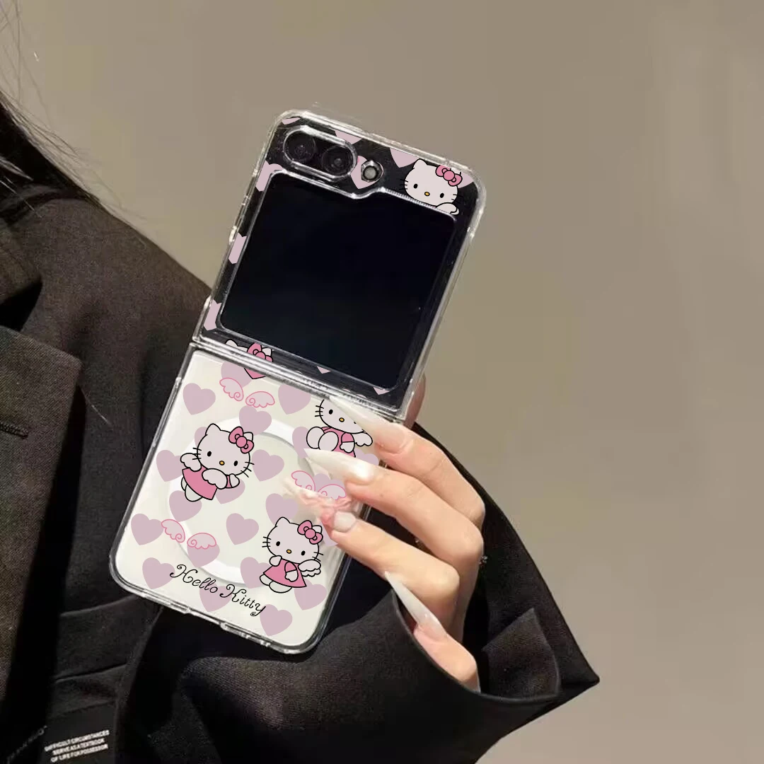 Custodia magnetica per telefono con ricarica wireless Hello Kitty Angel Magsafe per Samsung Z Flip 7 6 5 Galaxy Z Flip 3 4 Cover trasparente
