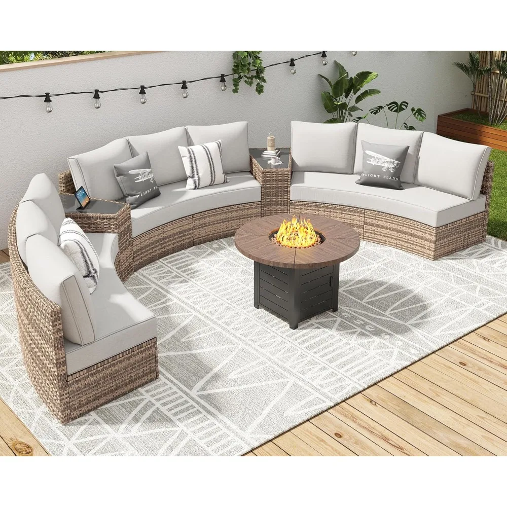 Courtyard furniture set, 11 piece semi-circular segmented circular sofa set, with cushions and wedge table, beige color