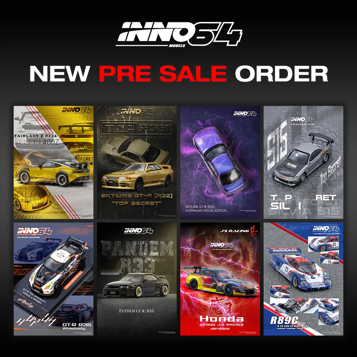 

PreSale INNO 1:64 Top Secret GTR R33 R34 R35 R50 KPGC10 Supra RX7 MR2 R89C Diecast Diorama Car Model Collection Toy