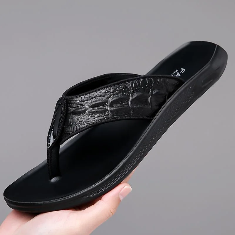 Summer New Shoes for Men Genuine Leather Slipper Crocodile Print Casual Sandals Comfortable Flip Flops Cool Beach Shoes