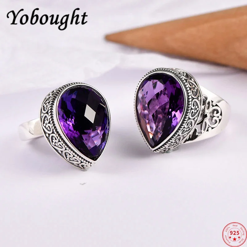 

S925 sterling silver rings for women men new waterdrop shaped cutting surface amethyst hollow ethnic style jewelry free shipping