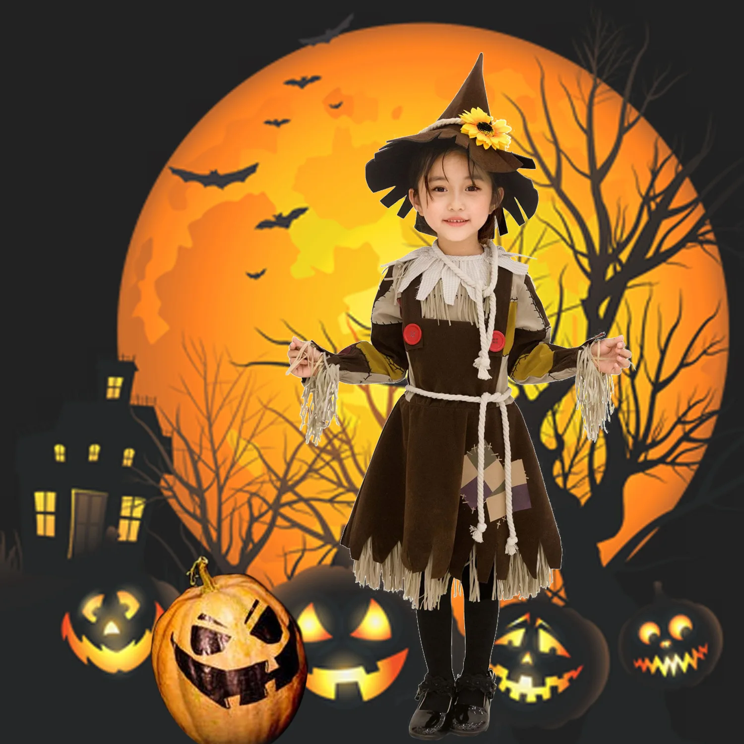 Girls Halloween Costumes Cosplay Kids Scarecrow Costume Pumpkin Patch Dress Children Stage Show Party Gown