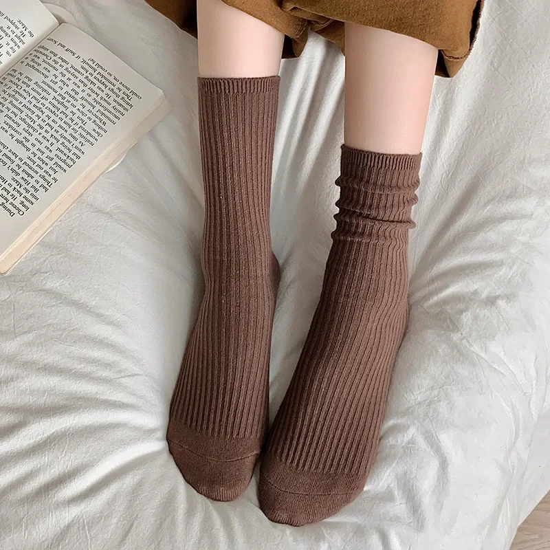 Socks Women Japanese Fashion Solid Color Knitting Cotton Long Socks JK Girls Lolita Kawaii Black White Gray Khaki Coffee Socks