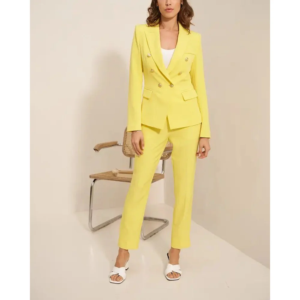 

Yellow Double Breasted Notched Women Set New Female Two PCS (Blazer+Trousers) Formal Evening Party Suits Daily Office Lady Set