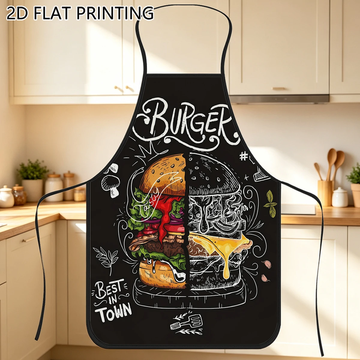1pc Burger Best In Town Sketch Art Pattern Apron For Chef Restaurant Cooking