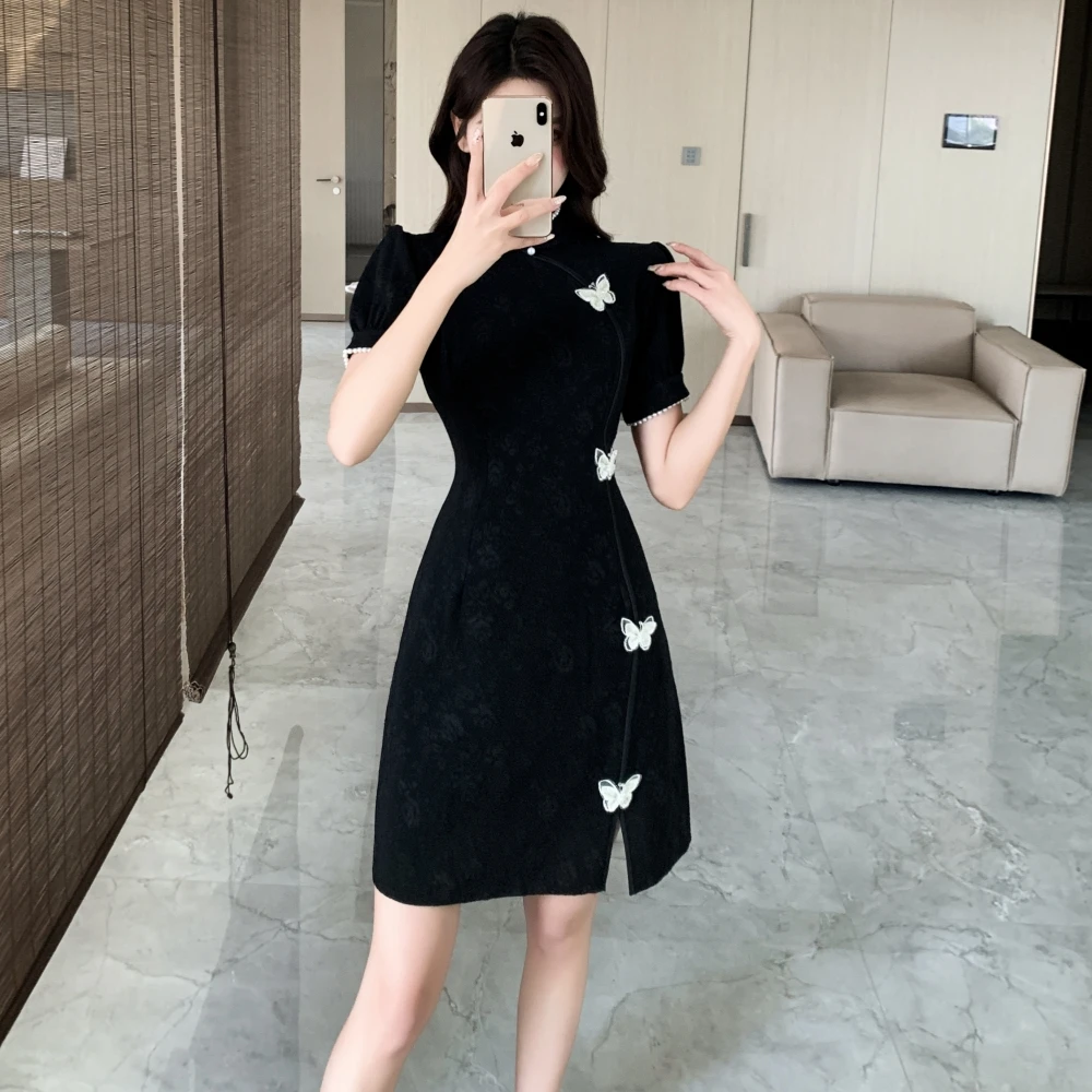 EIYOVVI 2024 Summer New High End Improved Cheongsam Sweet And Age Reducing Bow Slim Short Dress Korea Elegant Black Dresses