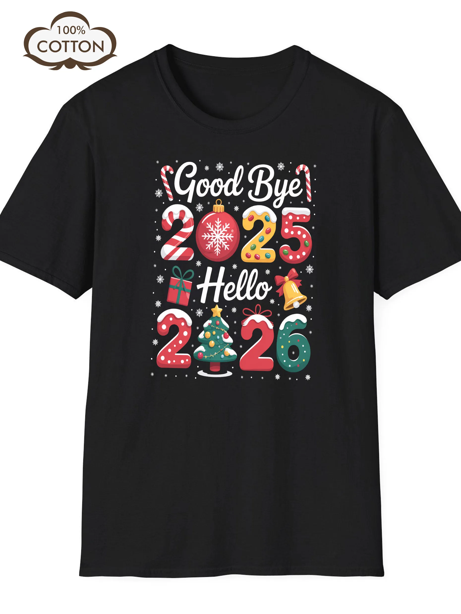 

Men's T-Shirt Goodbye 2025 Hello 2026 Printed Design Black Short Sleeves Round Neck Loose Fit for Summer 100% Cotton