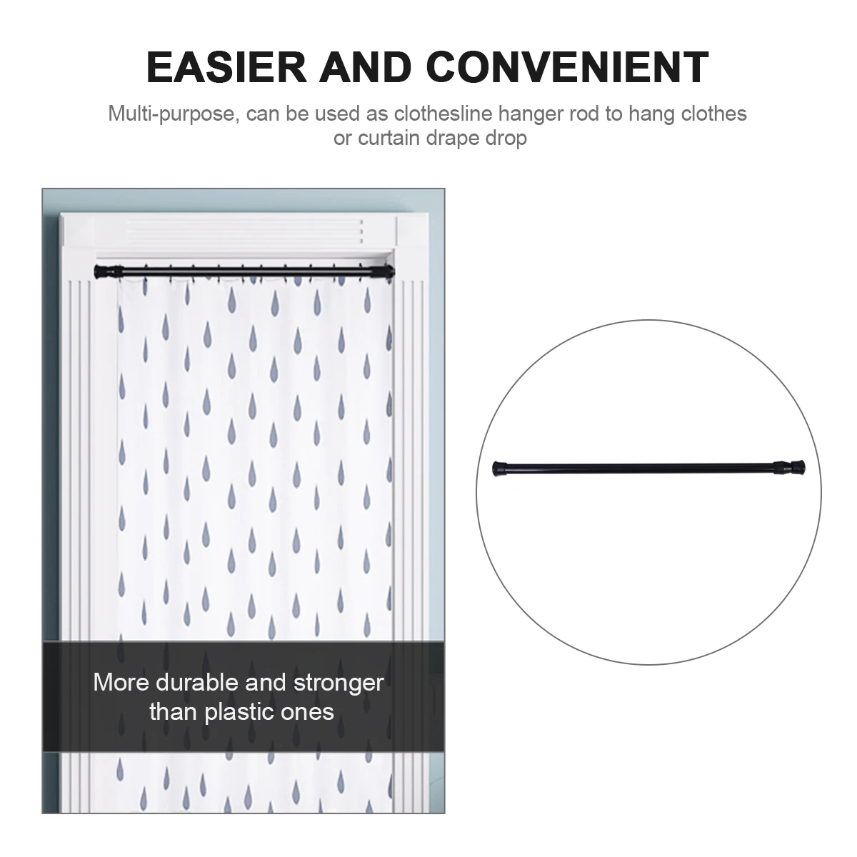 

2PCS Extendable Steel Shower Curtain Rod Tension Pole Clothes Drying Rail Bathrooms Homes Offices Schools Hospitals Durability