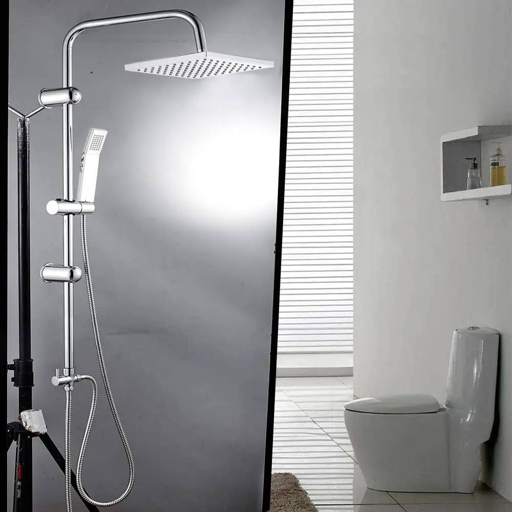 DayPlus Square Chrome Overhead Rain Shower Kit Dual Rigid Riser Rainfall Head and Hand Held Shower Twin Bath Set for Bathroom