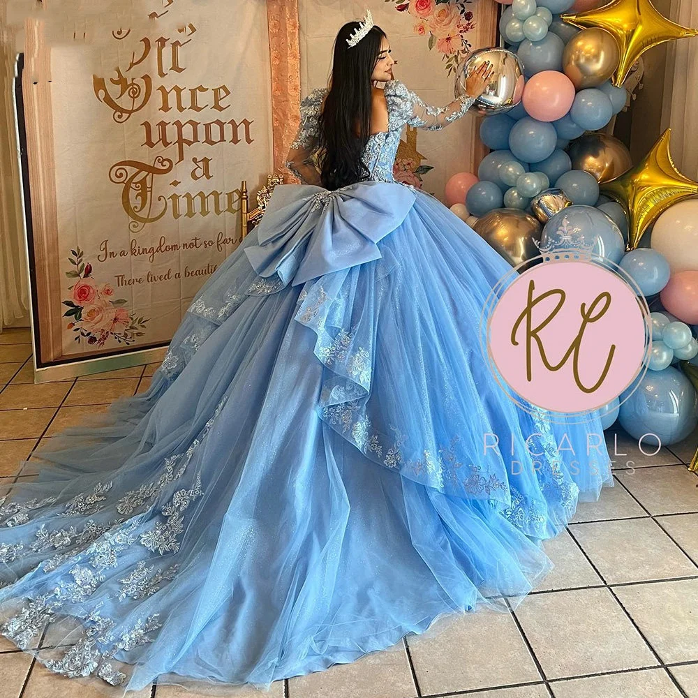 Lorencia Blue Ruffles Bow Ball Gown Quinceanera Dress Long Sleeve Corset  Applique Lace Sweet 16 Vestidos De 15 Años YQD514