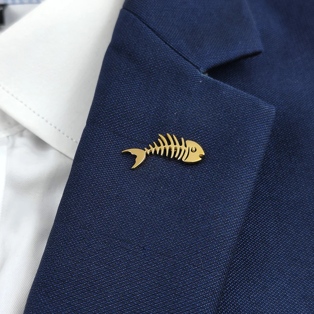 

Fish bone hollow gold-plated badge, men's suit brooch, black lapel pin, clothing accessories set, boyfriend gift