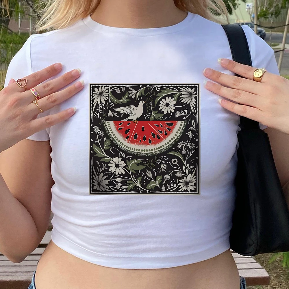 Aesthetic Watermelon Baby Tee This Is Not A Watermelon College Shirt Love and Peace Printed Y2k Crop Top Women's Fitted Tee