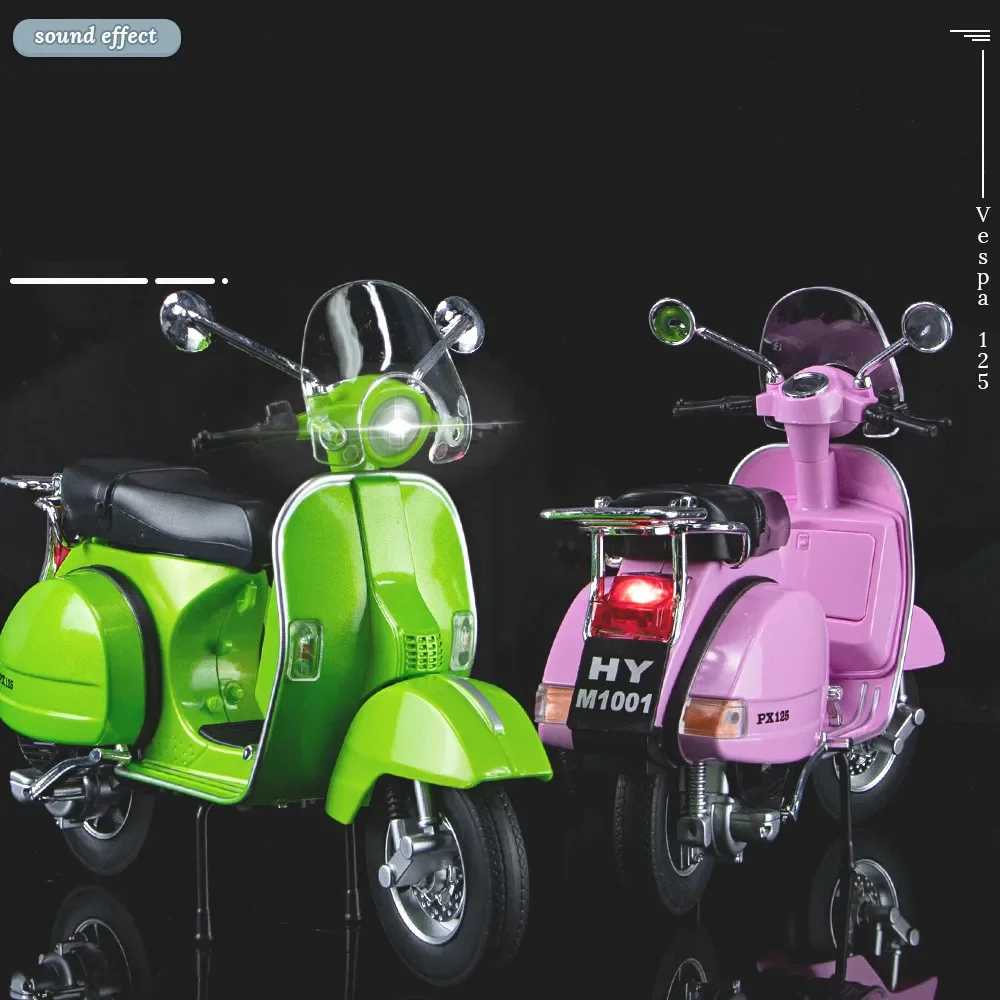 Diecast Metal Modelo de Motocicleta, Vespa 125, Coleção Educacional, Luz e Som Infantil, Roman Holiday Classical Gift, Escala 1:10