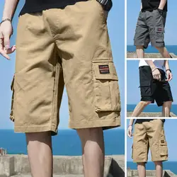 Men Summer Shorts Breathable Men's Cargo Shorts with Elastic Waist Multi Pockets for Summer Streetwear Loose Fit Knee Length