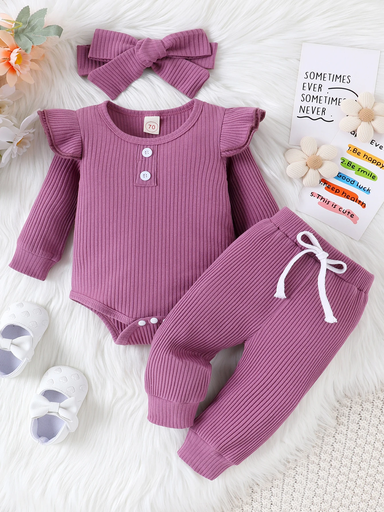 

Осенний комплект для маленьких девочек: боди с длинными рукавами и рюшами в рубчик + брюки + повязка на голову, 3 предмета, зимний комплект одежды для малышей, повседневная одежда для младенцев